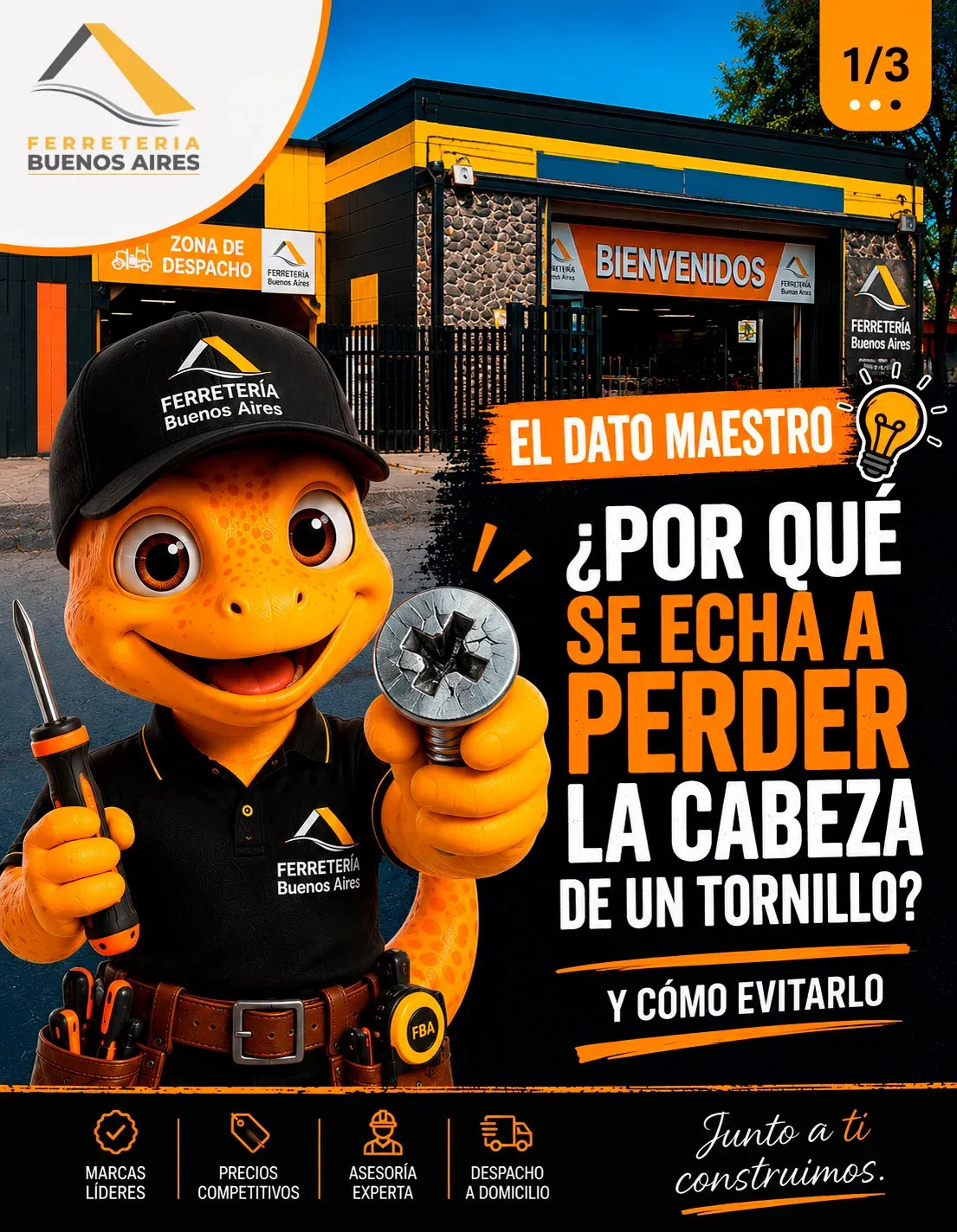 Juanito sostiene un destornillador y un tornillo con la cabeza dañada