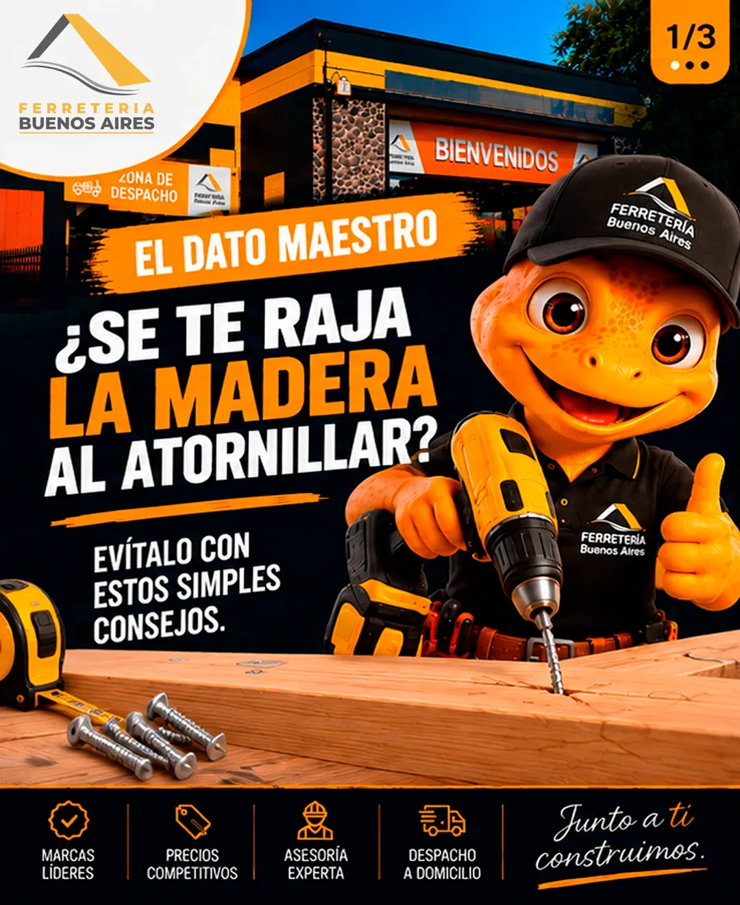 Lámina 1: El Dato Maestro pregunta si se te raja la madera al atornillar, con Juanito usando un taladro sobre una tabla