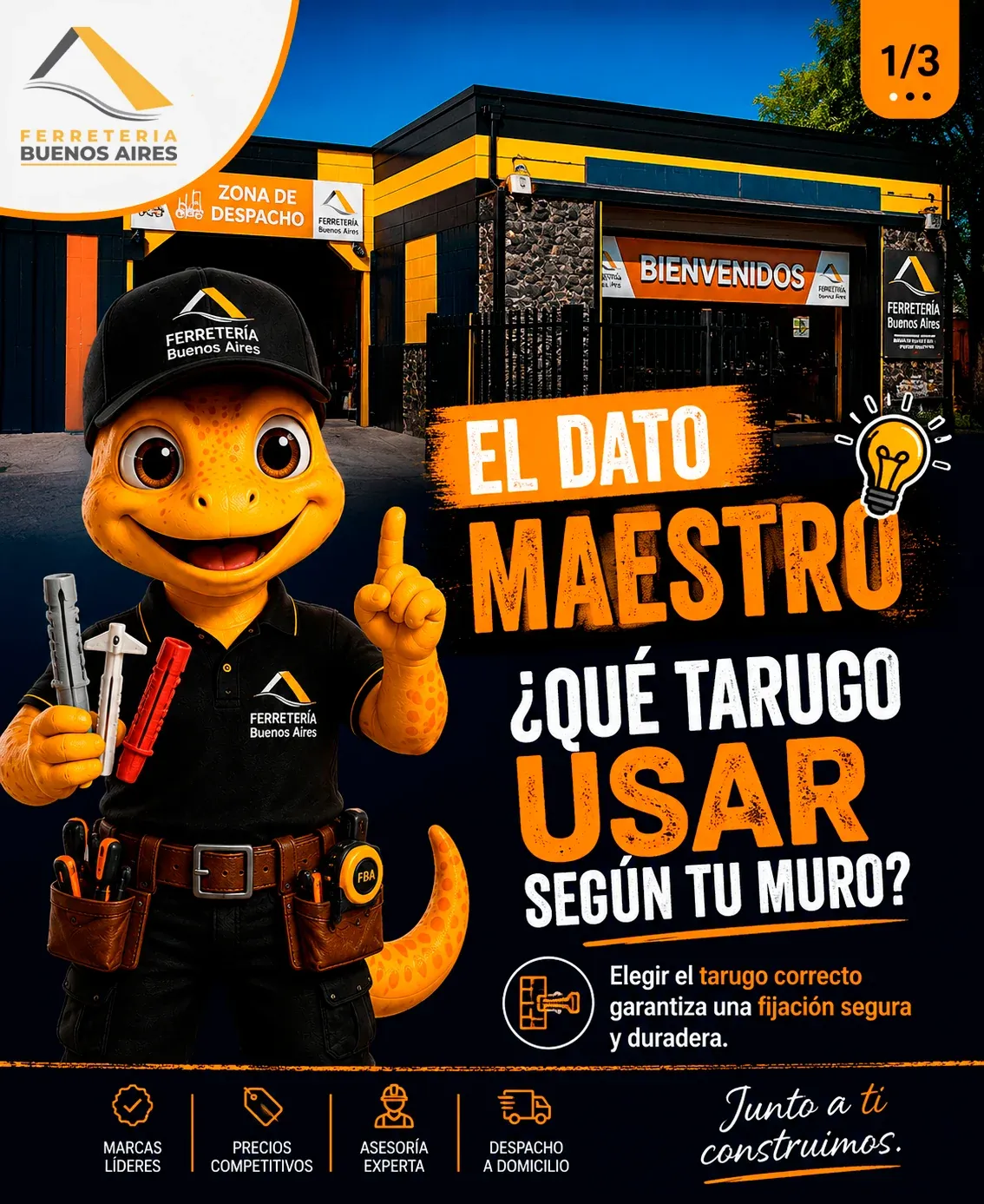 Juanito, la mascota de Ferretería Buenos Aires, sostiene tres tarugos y pregunta qué tarugo usar según tu muro