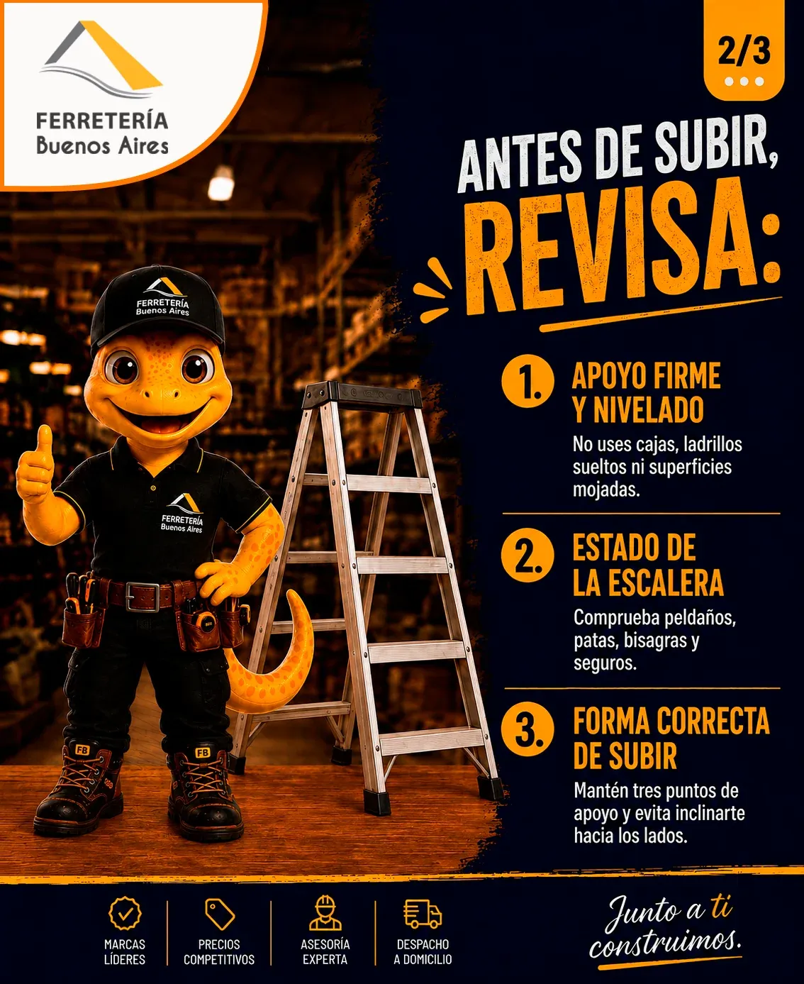 Lámina 2: antes de subir, revisa: apoyo firme y nivelado, estado de la escalera (peldaños, patas, bisagras y seguros) y forma correcta de subir con tres puntos de apoyo