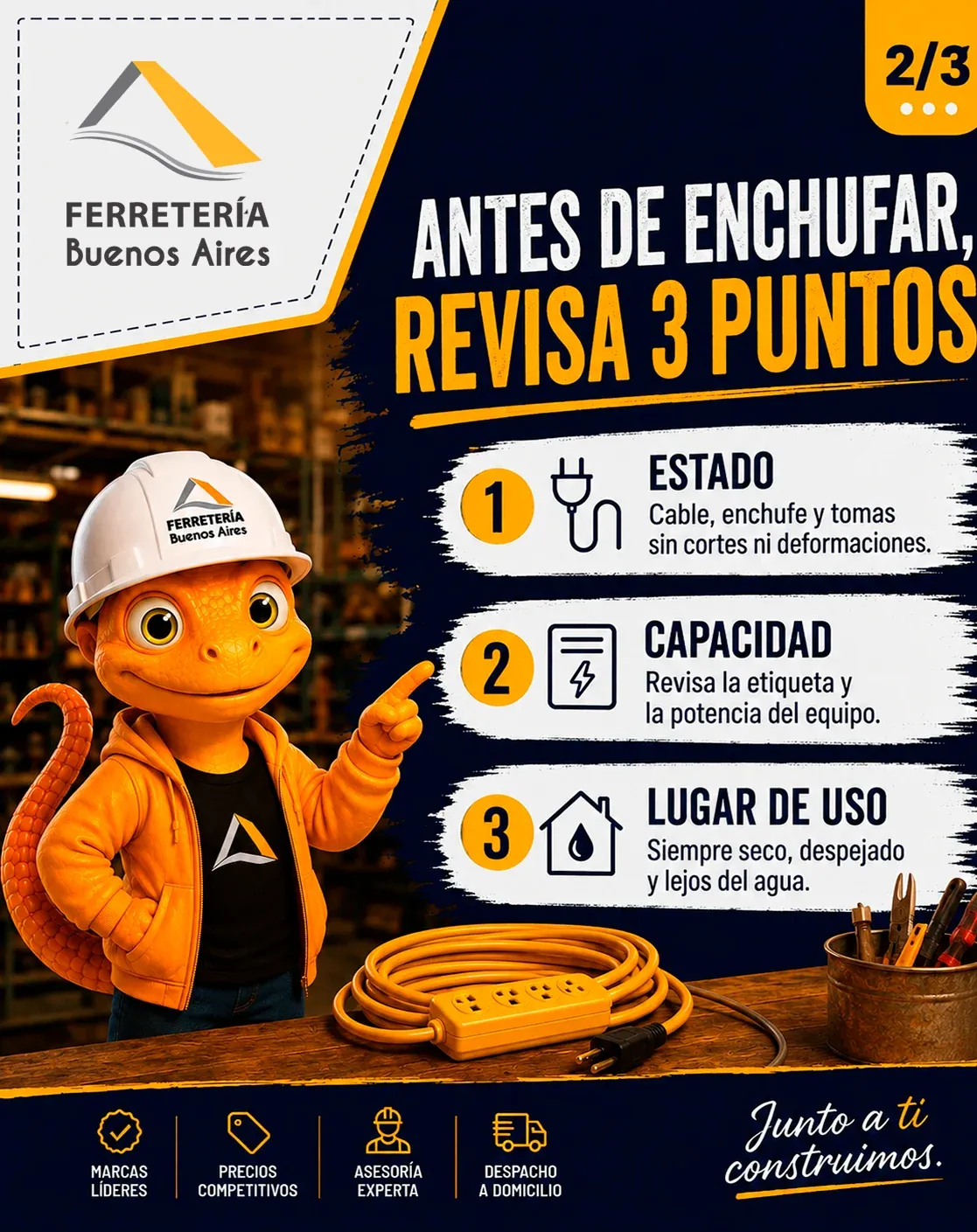Lámina 2: antes de enchufar, revisa 3 puntos: estado del cable, enchufe y tomas; capacidad según la etiqueta y la potencia del equipo; y lugar de uso seco, despejado y lejos del agua