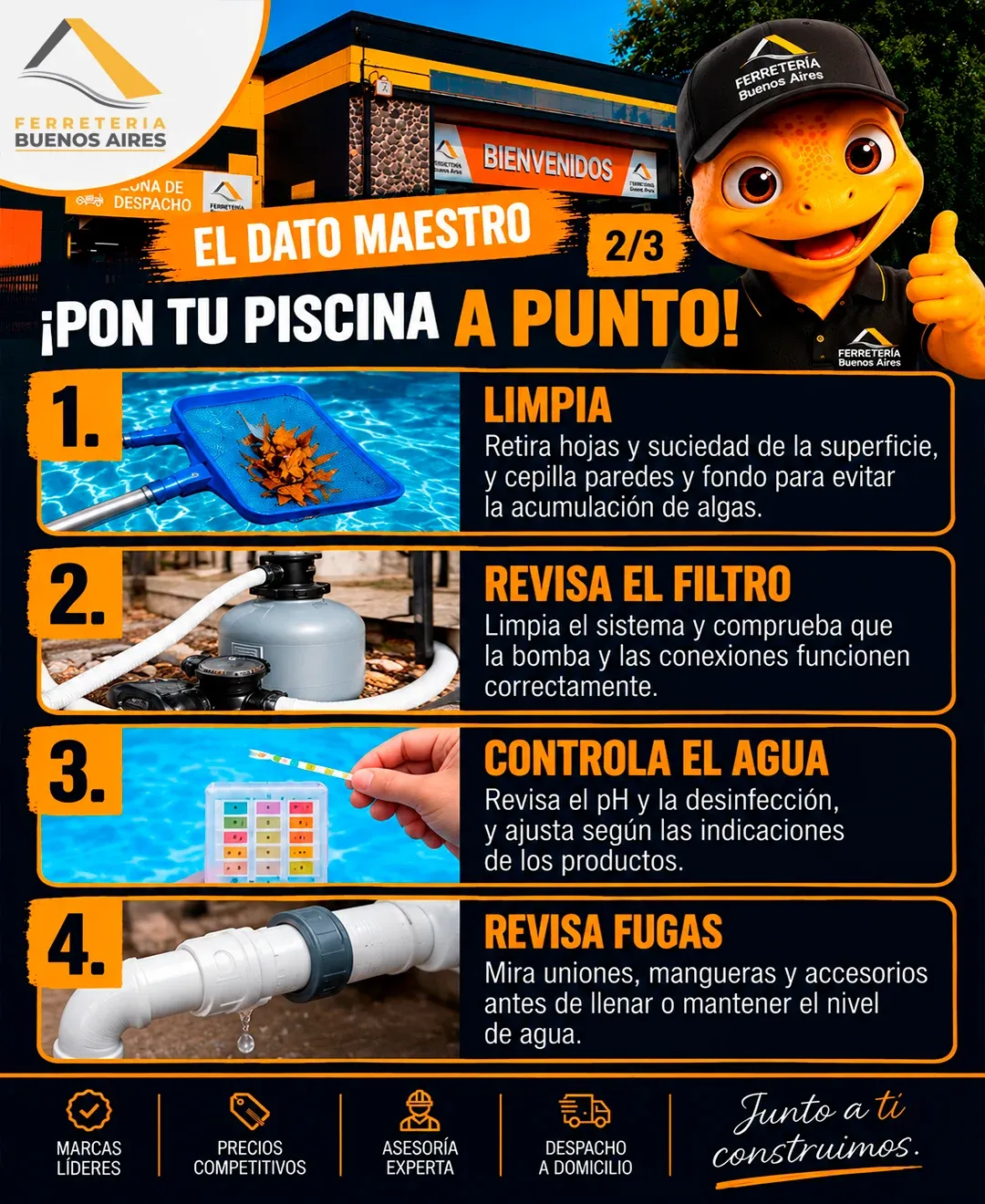 Lámina 2: pon tu piscina a punto en cuatro pasos: limpia, revisa el filtro, controla el agua y revisa fugas