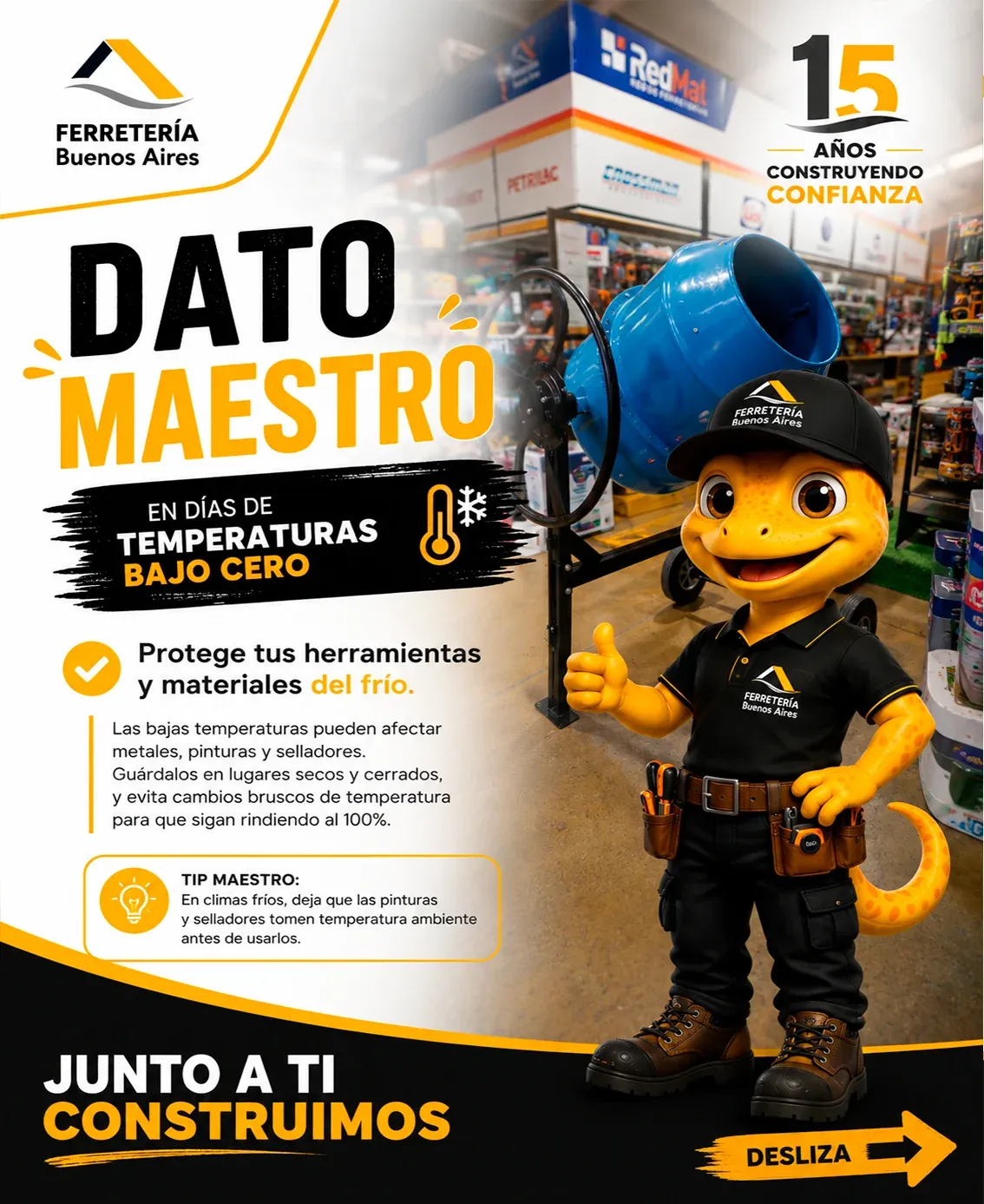 Lámina 2: en días de temperaturas bajo cero, protege tus herramientas y materiales del frío; tip maestro: deja que pinturas y selladores tomen temperatura ambiente antes de usarlos