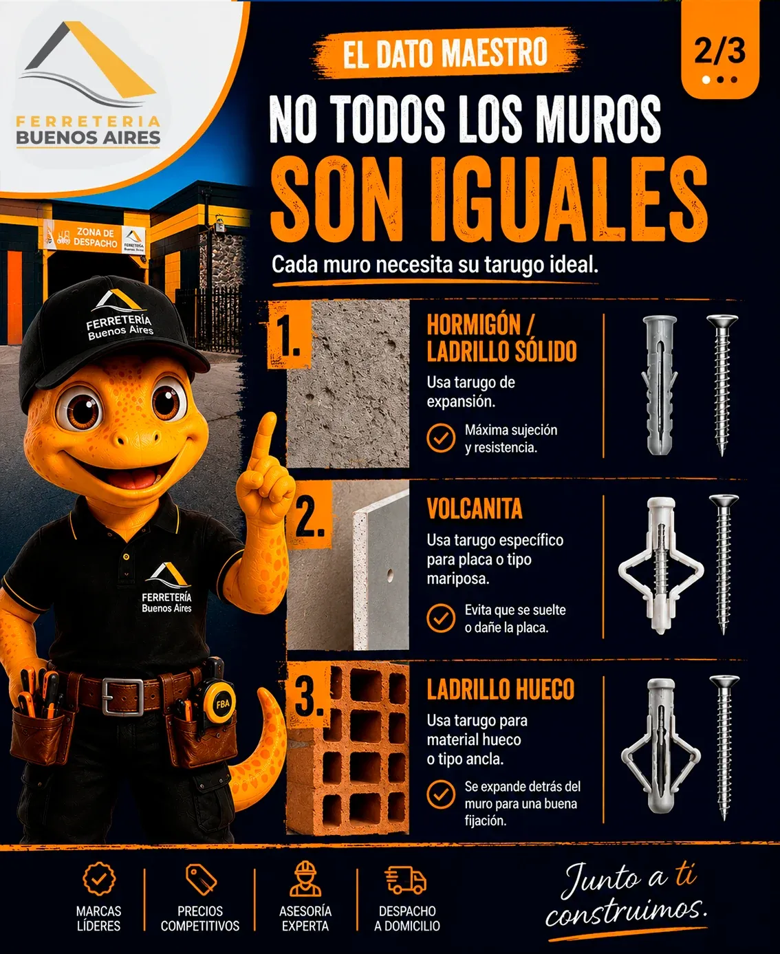 Lámina 2: no todos los muros son iguales; qué tarugo usar en hormigón o ladrillo sólido, volcanita y ladrillo hueco