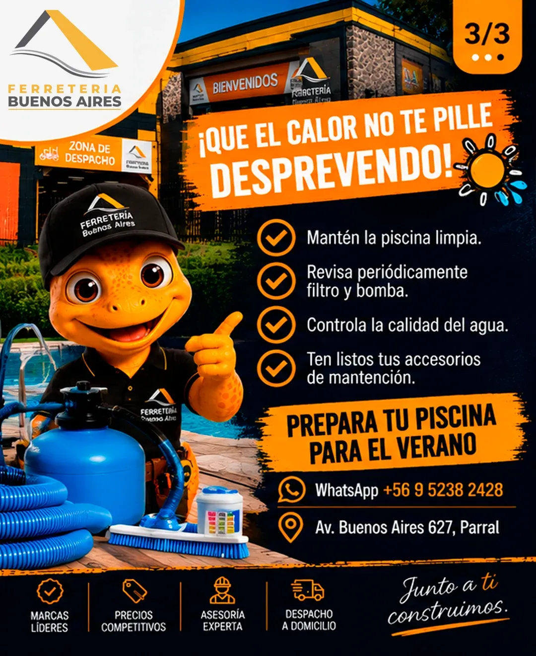 Lámina 3: que el calor no te pille desprevenido; mantén la piscina limpia, revisa filtro y bomba, controla el agua y ten listos tus accesorios
