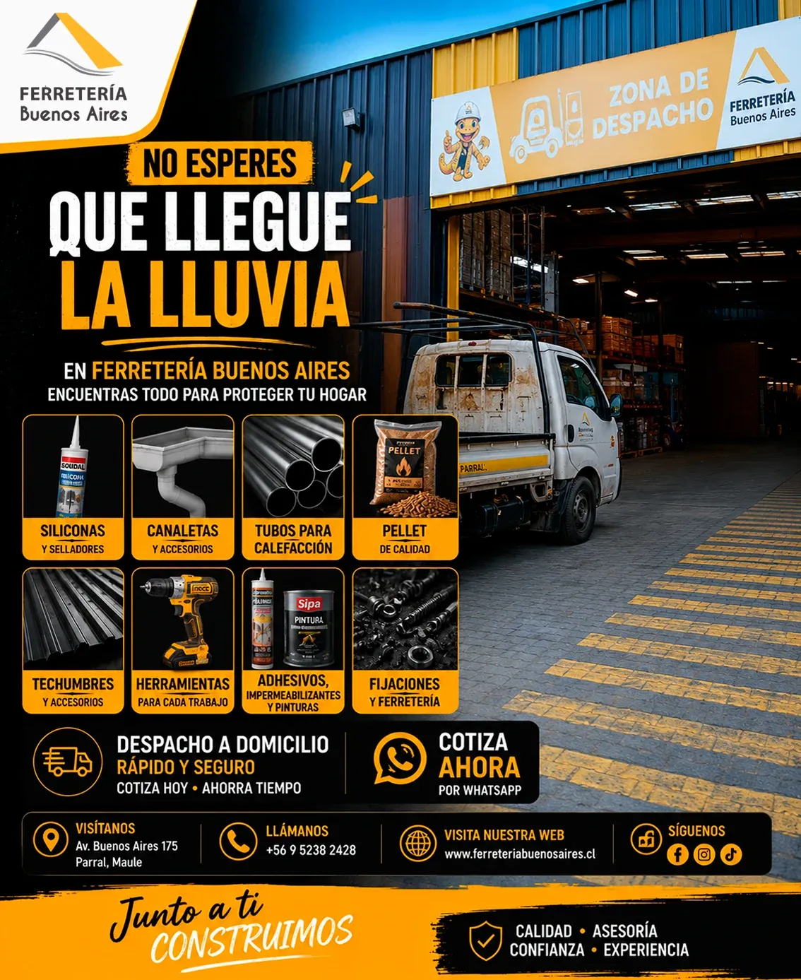 Lámina 3: no esperes que llegue la lluvia; en Ferretería Buenos Aires encuentras siliconas, canaletas, tubos para calefacción, pellet, techumbres, herramientas, adhesivos y fijaciones