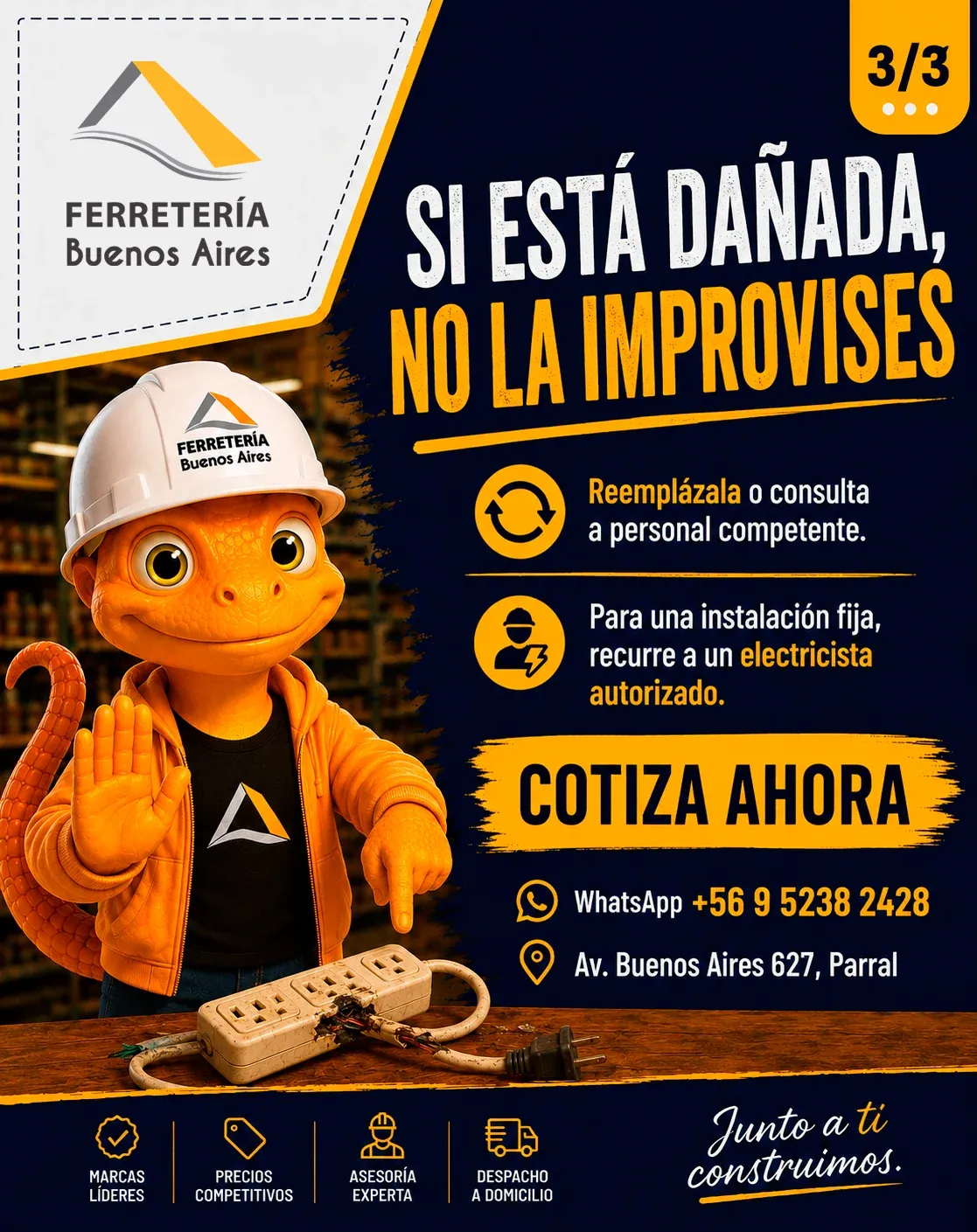 Lámina 3: si está dañada, no la improvises: reemplázala o consulta a personal competente, y para una instalación fija recurre a un electricista autorizado