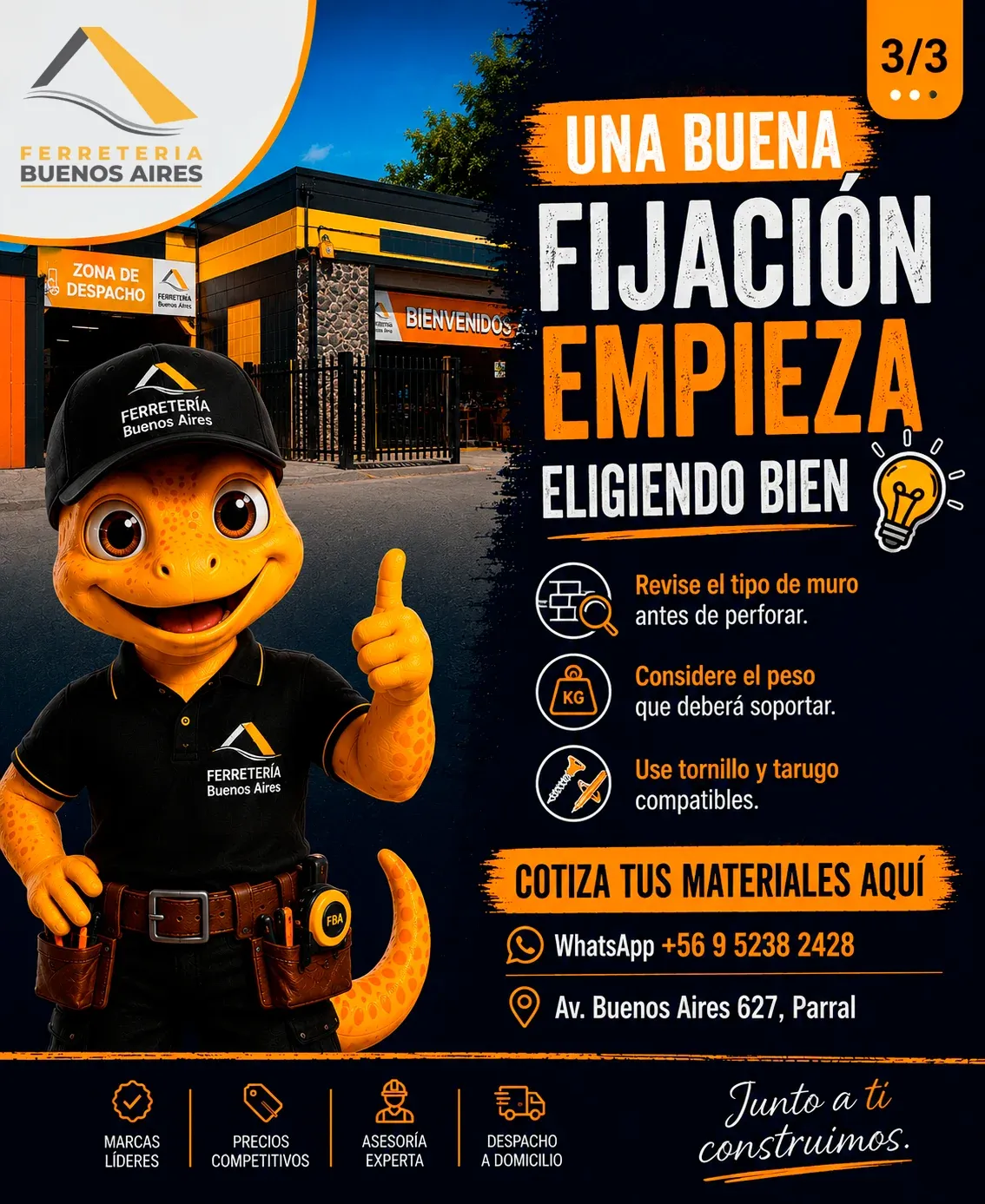Lámina 3: una buena fijación empieza eligiendo bien; revisa el muro, considera el peso y usa tornillo y tarugo compatibles