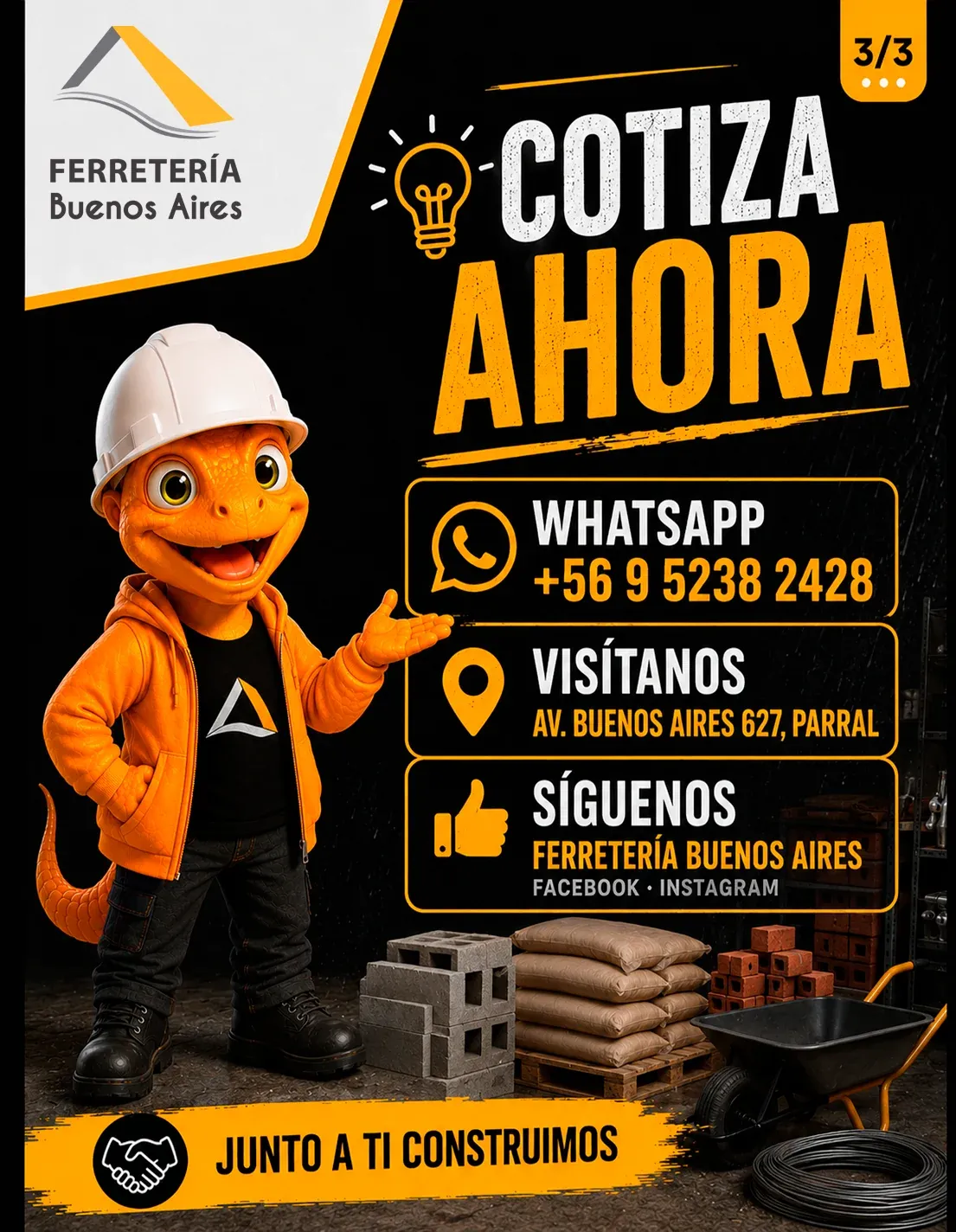 Lámina 3: Cotiza ahora en Ferretería Buenos Aires, con Juanito junto a sacos de cemento, bloques y una carretilla