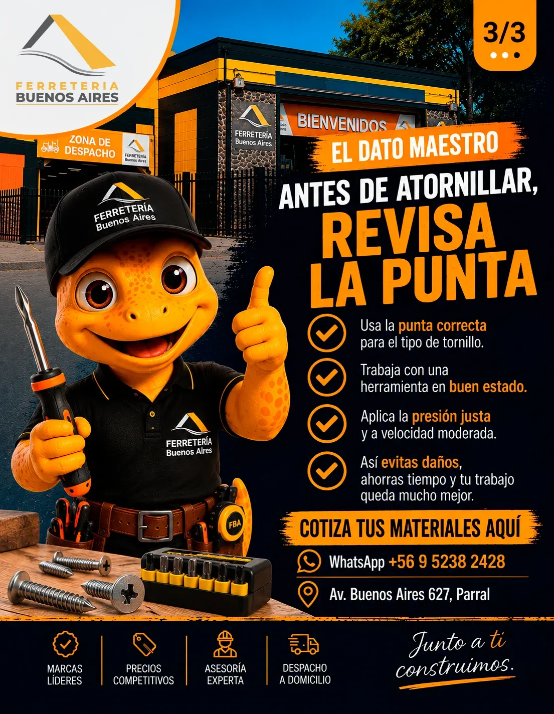 Lámina 3: antes de atornillar, revisa la punta: usa la punta correcta, trabaja con una herramienta en buen estado y aplica la presión justa a velocidad moderada