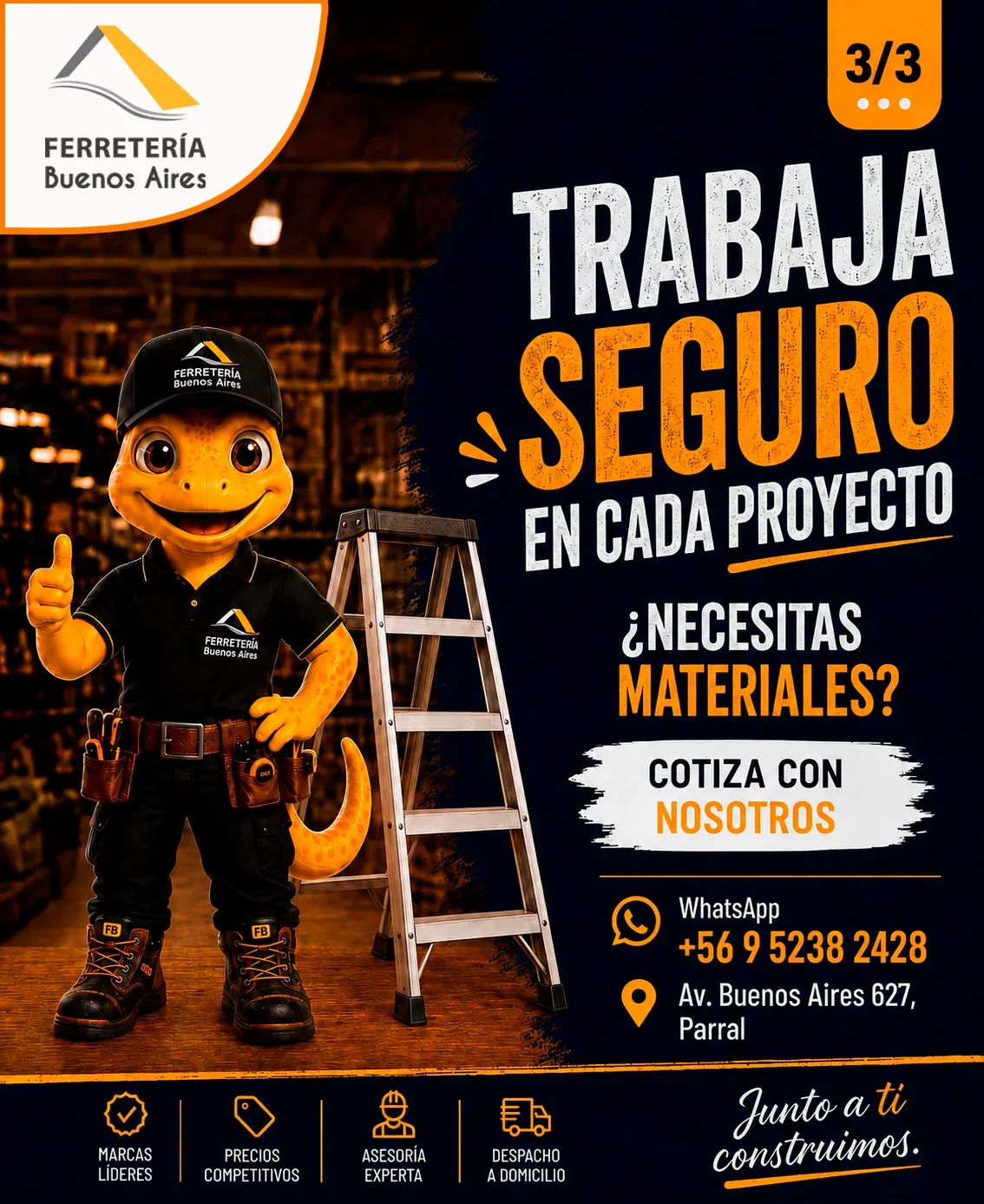 Lámina 3: Juanito junto a la escalera con el mensaje trabaja seguro en cada proyecto